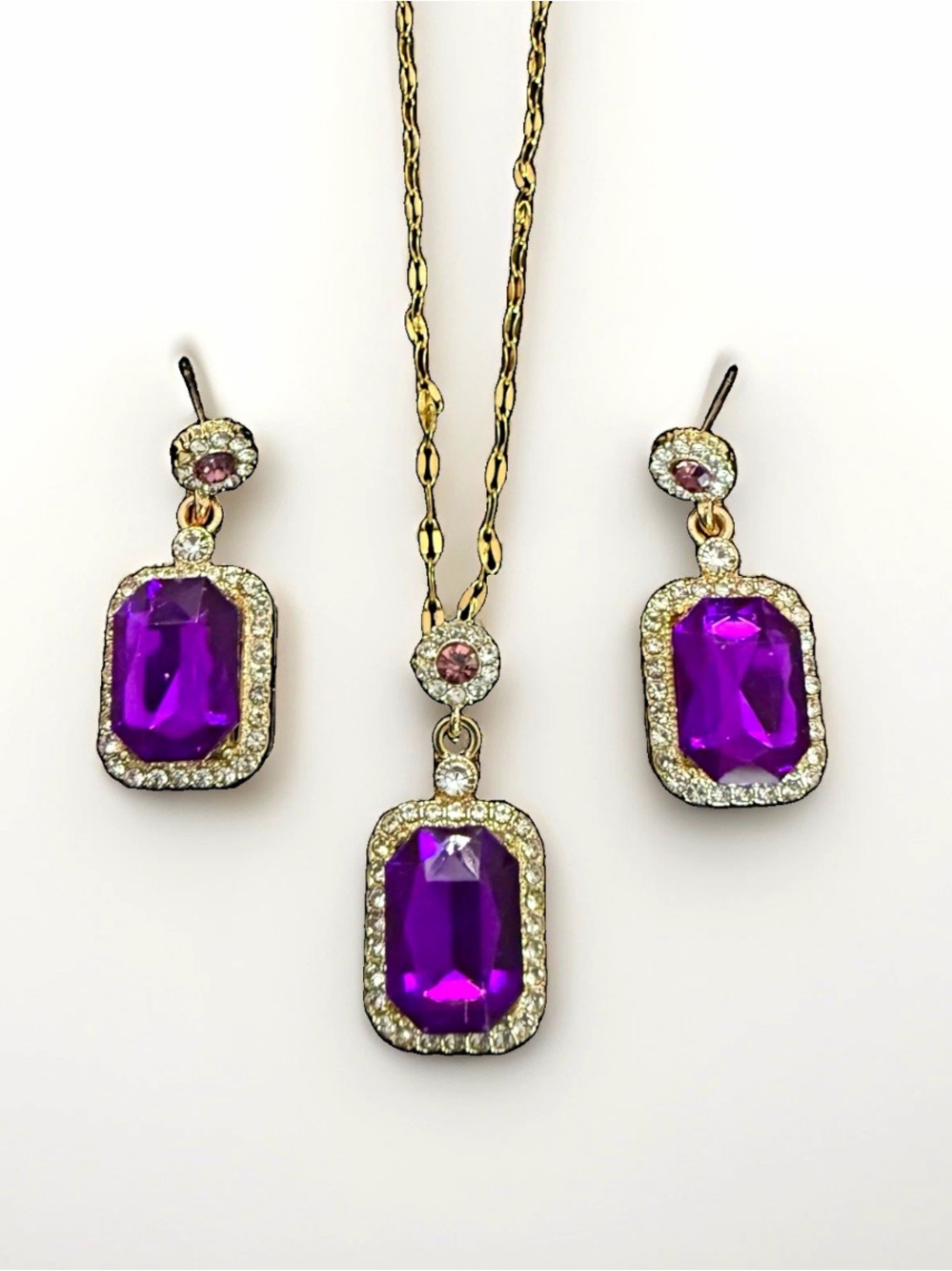 Titanium, stainless steel Purple Crystal Pendant Necklace and Earring Set